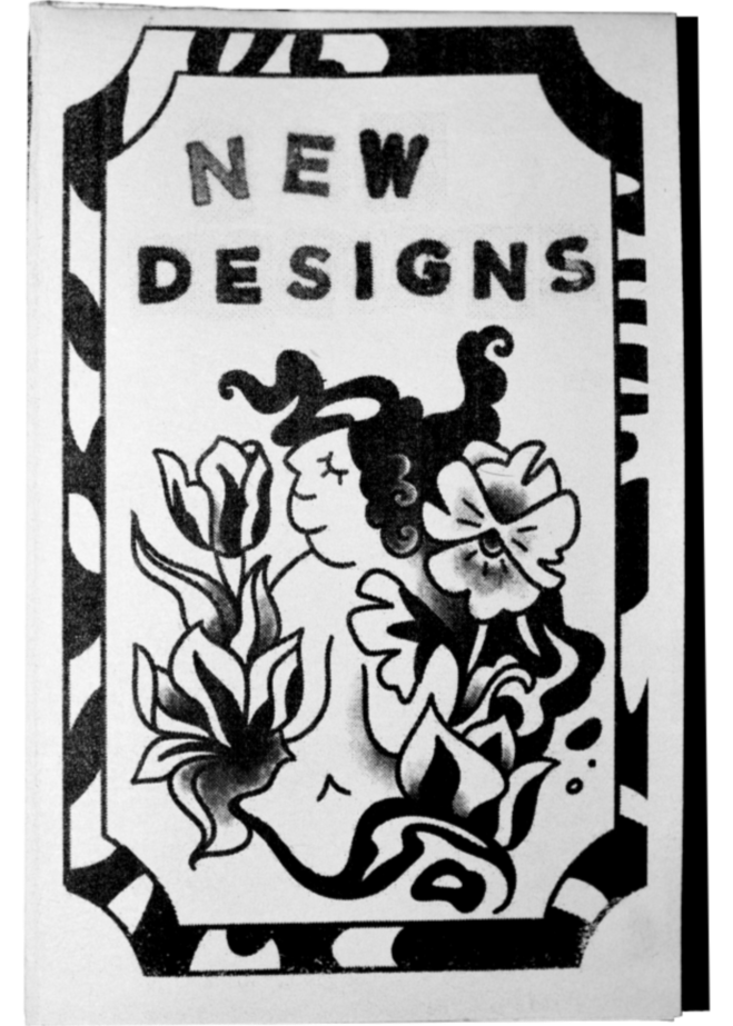 A scan of a zine cover. A drawing of an upper bust of a figure surrounded by stylized flowers. The words "NEW DESIGNS" is stamped across the top.