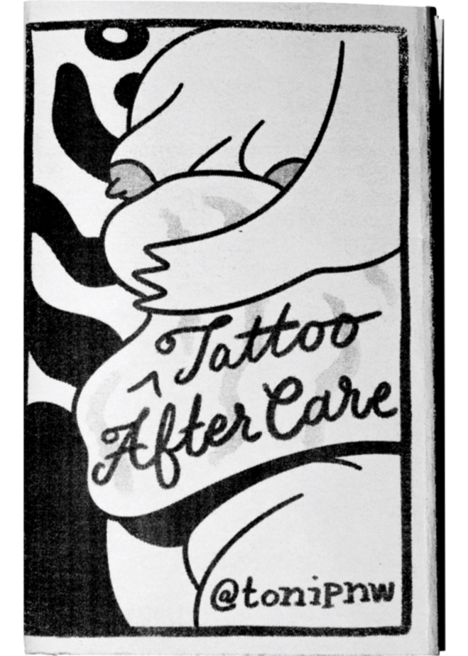 A scan of a zine cover. A drawing of a fat, nude body cover the page. The figure is lifting a skin roll where the words "Tattoo Aftercare" are written underneath.