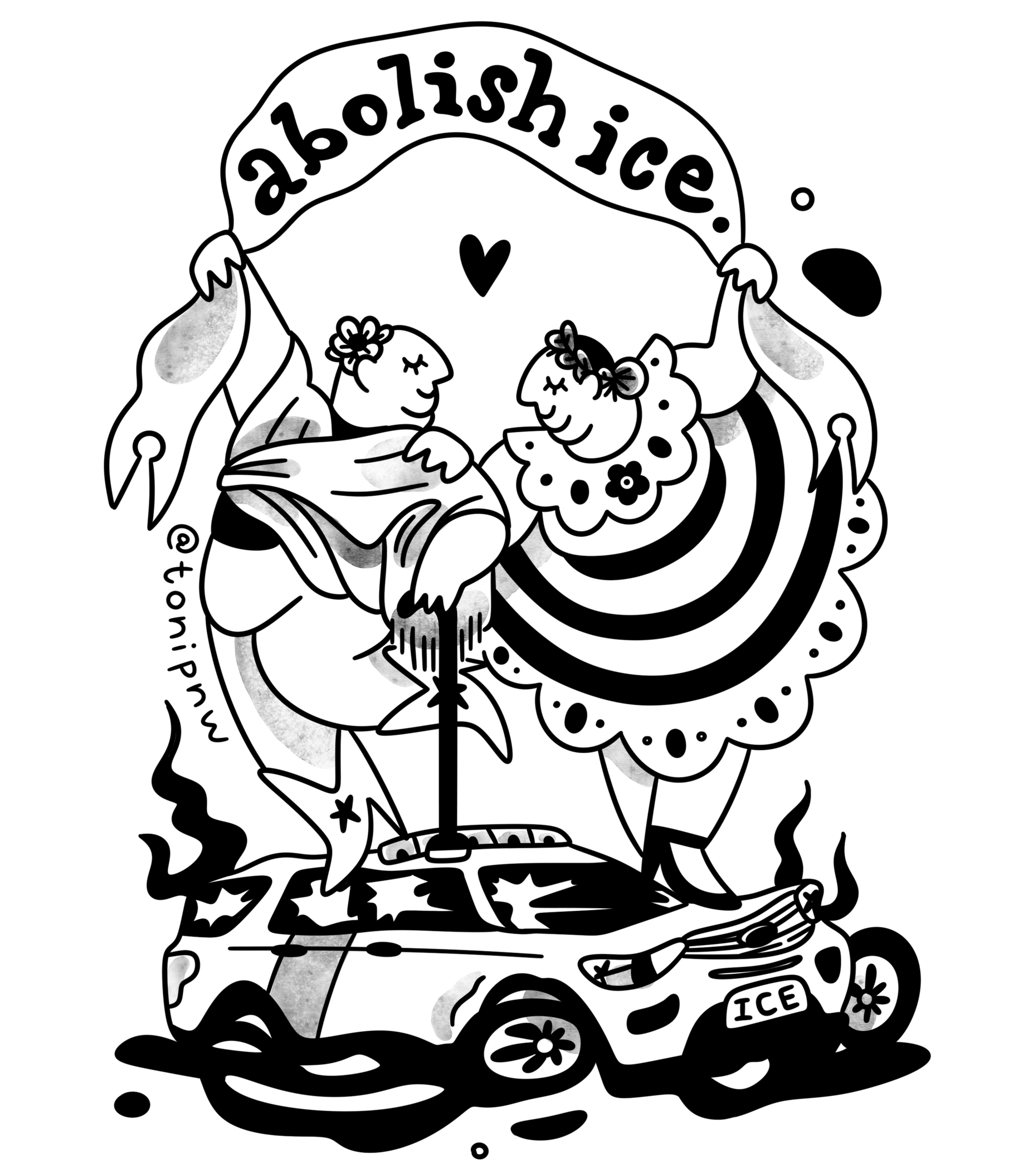 A digitally collaged photo of Toni PNW facing left and holding a small version of herself in cupped hands. The top says "About Me" in a light pink wavy font. At the bottom a polaroid One Step camera, a Mexican flag, and a 90's Furby are in a row.