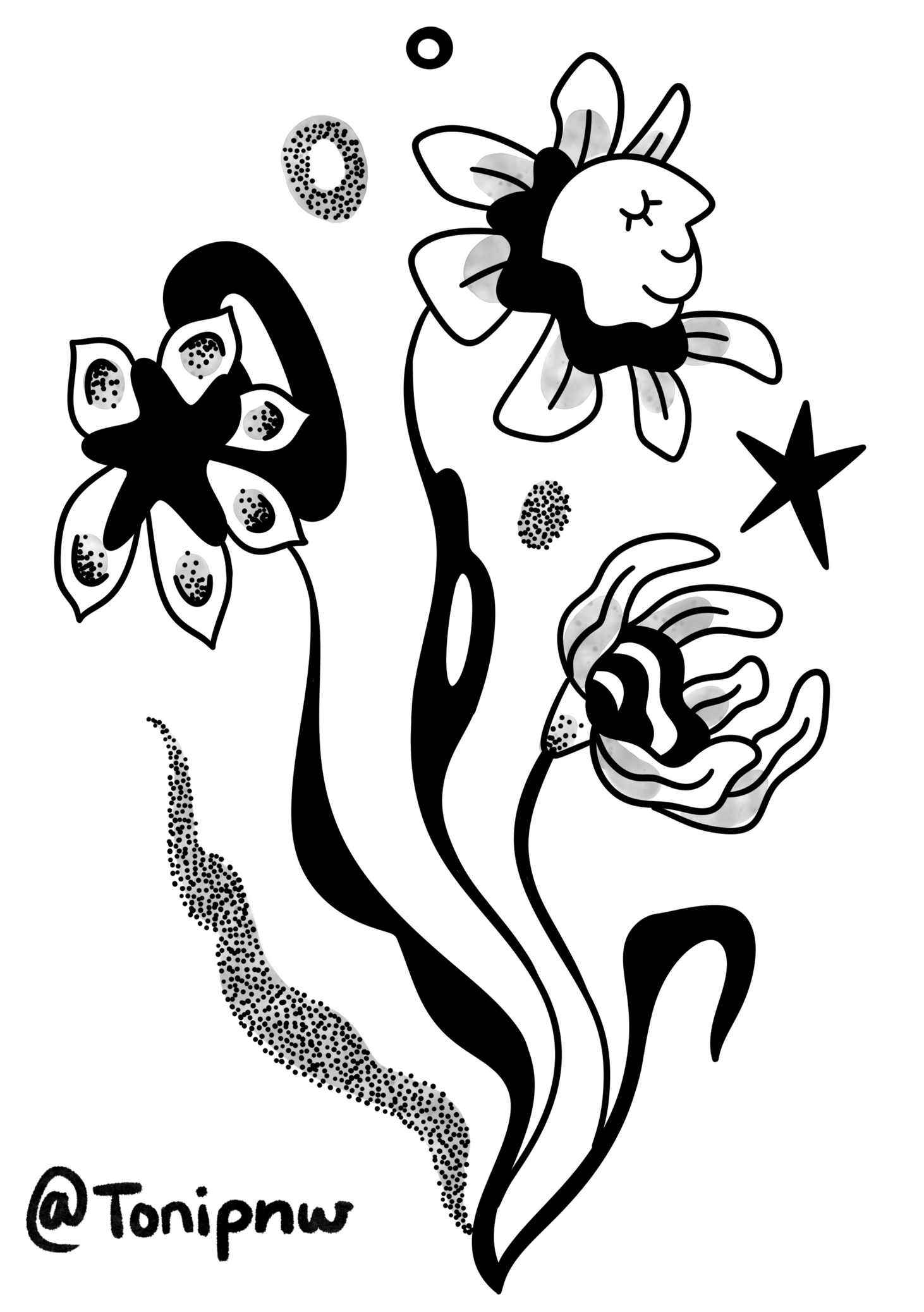 A digitally collaged photo of Toni PNW facing left and holding a small version of herself in cupped hands. The top says "About Me" in a light pink wavy font. At the bottom a polaroid One Step camera, a Mexican flag, and a 90's Furby are in a row.