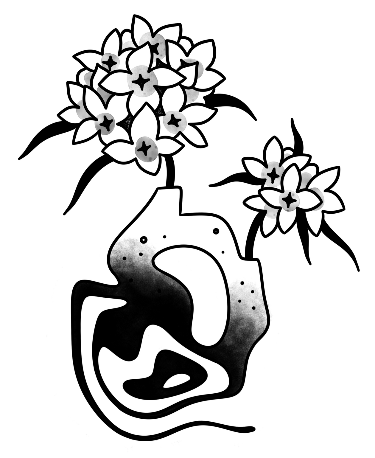 A digitally collaged photo of Toni PNW facing left and holding a small version of herself in cupped hands. The top says "About Me" in a light pink wavy font. At the bottom a polaroid One Step camera, a Mexican flag, and a 90's Furby are in a row.